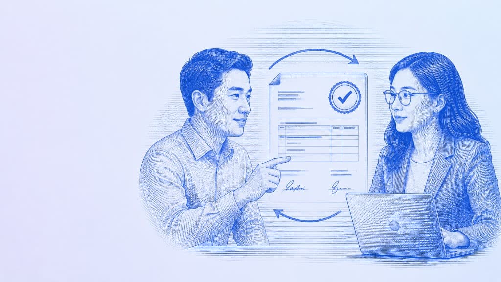 Business owner and accountant reviewing documents illustration