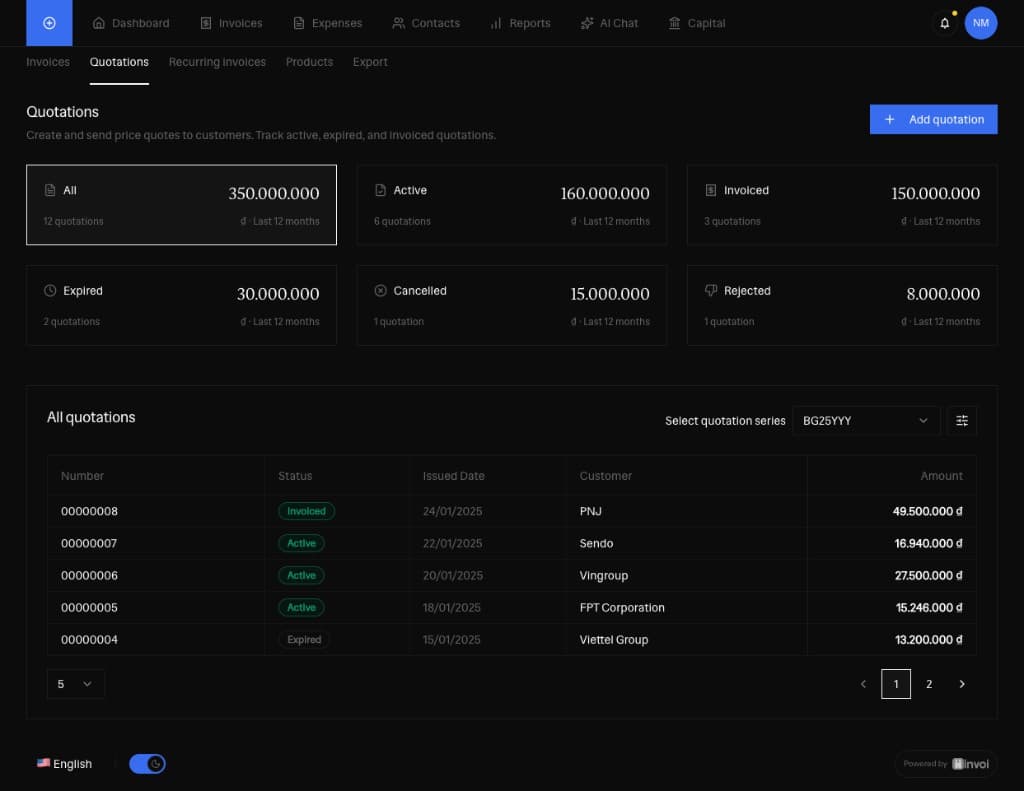 Invoi quotations interface