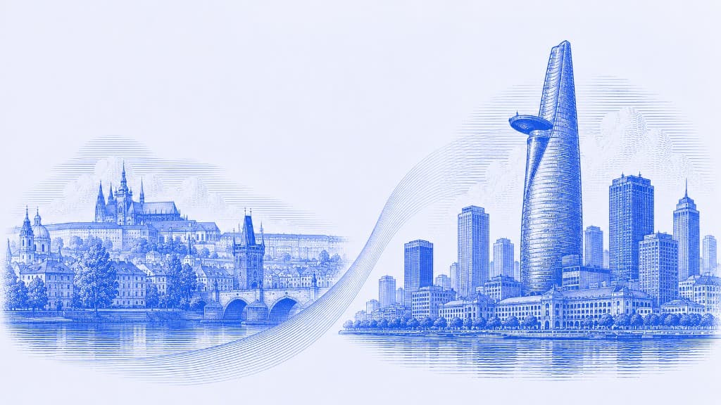 Prague and Ho Chi Minh City skyline illustration