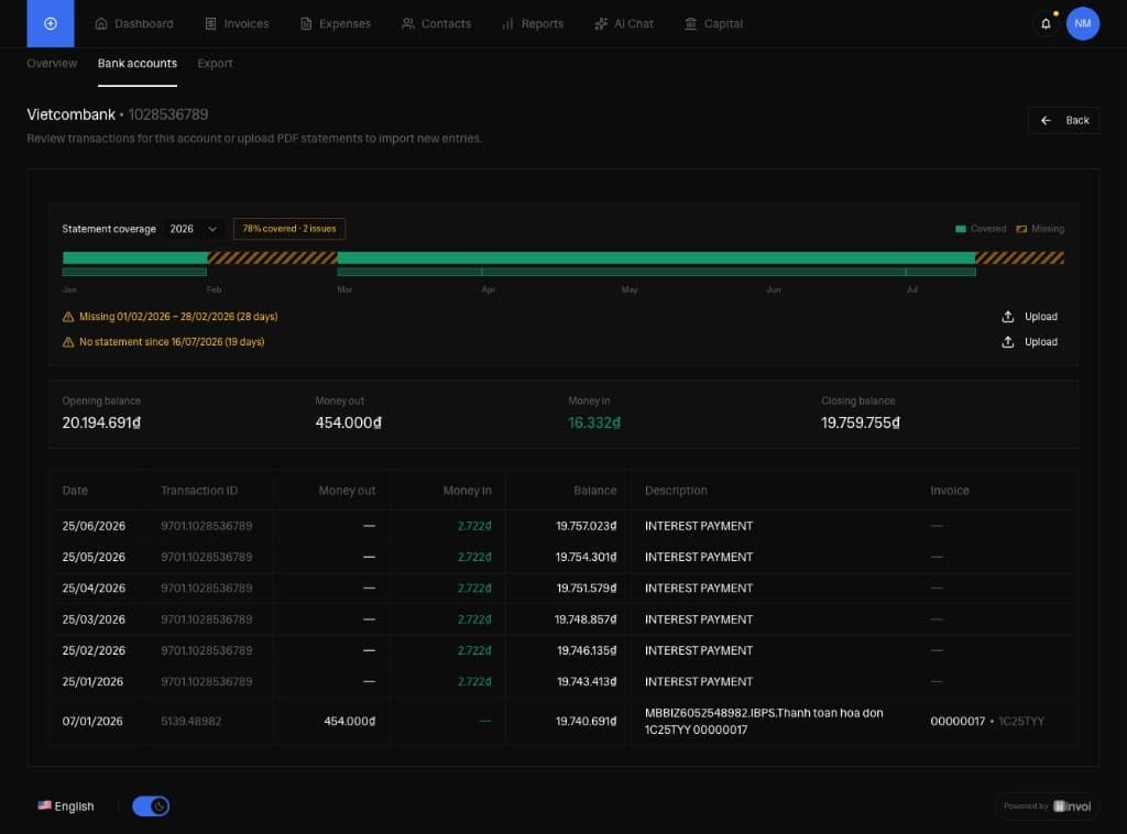 Invoi bank transactions interface