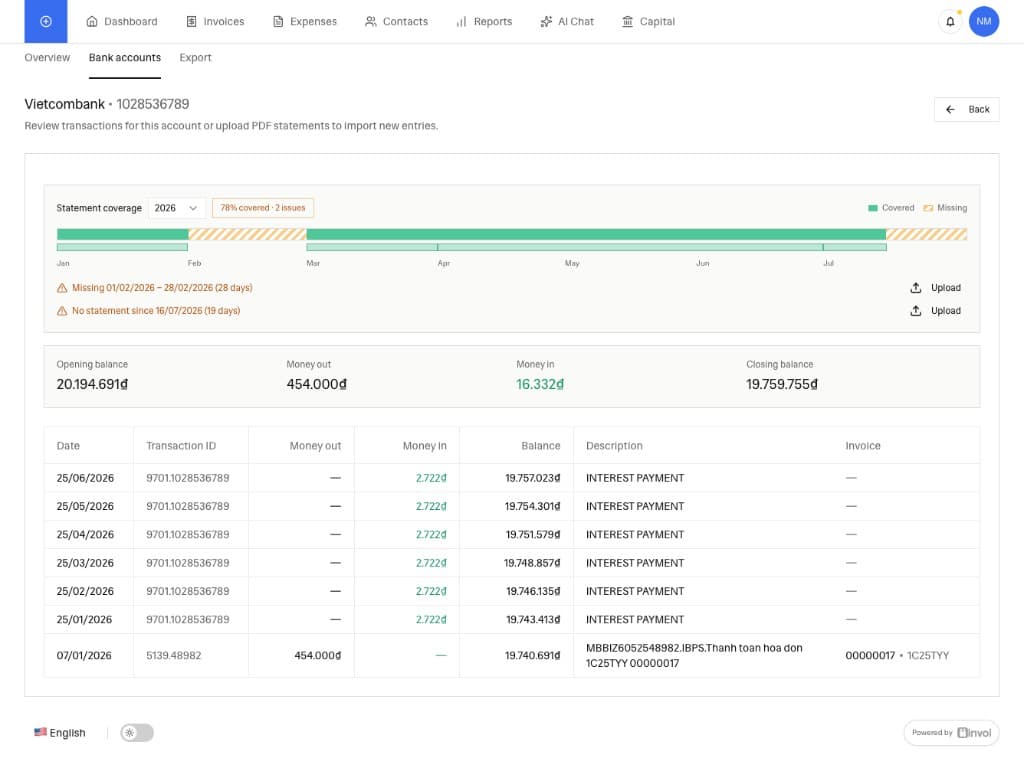 Invoi bank transactions interface